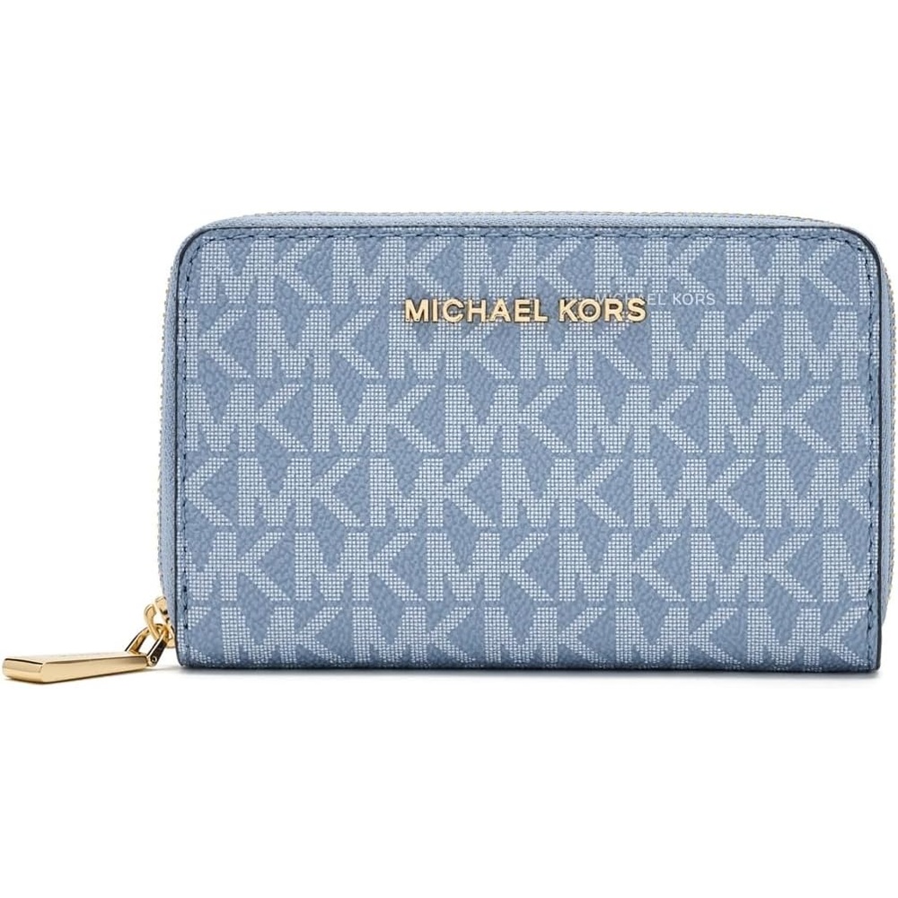 image:imageMichael Kors Jet Set Small Zip Around Card Case SilverTone HardwareSignature Coated TwillOptic WhiteAllumGoldTone HardwareMK SignatureChambray