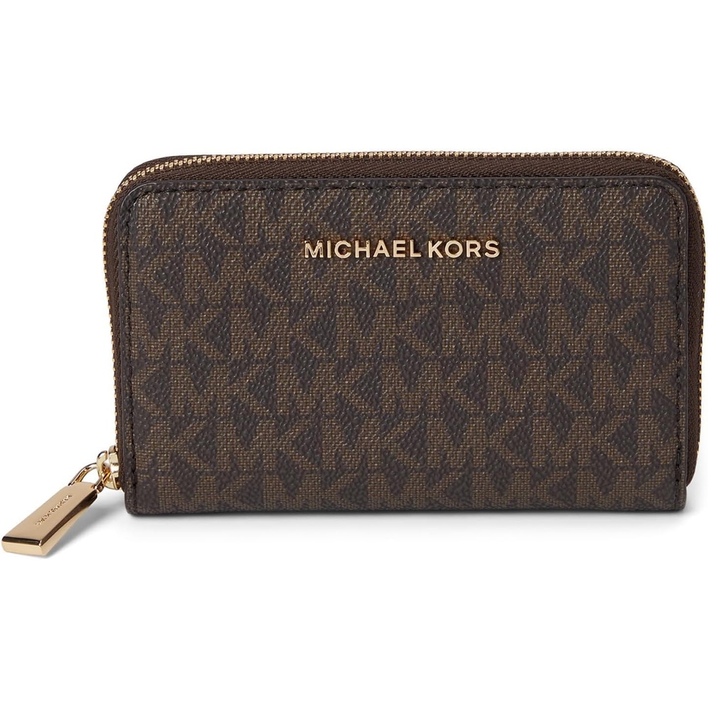 image:imageMichael Kors Jet Set Small Zip Around Card Case SilverTone HardwareSignature Coated TwillOptic WhiteAllumGoldtone HardwareBrownAcorn