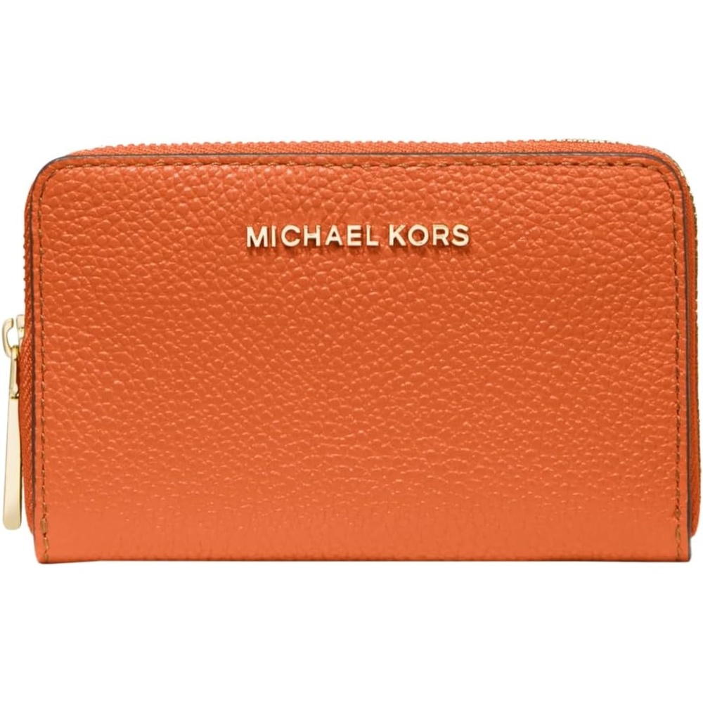 image:imageMichael Kors Jet Set Small Zip Around Card Case SilverTone HardwareSignature Coated TwillOptic WhiteAllumGoldtone HardwareMercer Pebble LeatherOrange Punch