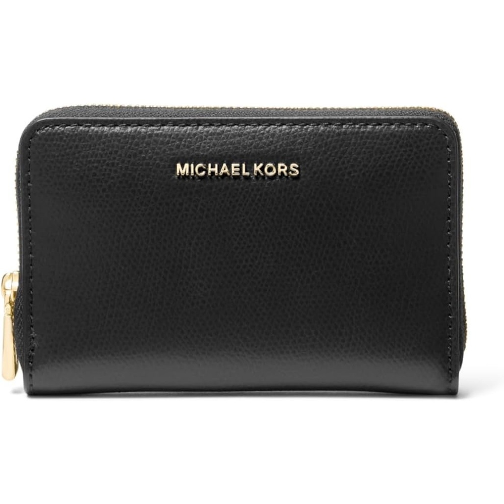 image:imageMichael Kors Jet Set Small Zip Around Card Case SilverTone HardwareSignature Coated TwillOptic WhiteAllumGoldtone HardwareSahara LeatherBlack
