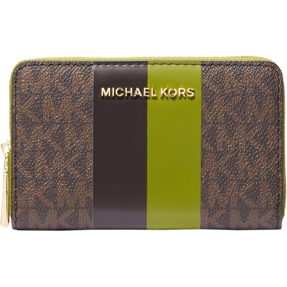 image:imageMichael Kors Jet Set Small Zip Around Card Case SilverTone HardwareSignature Coated TwillOptic WhiteAllumGoldtone HardwareSignature With Center StripeMeadow Green