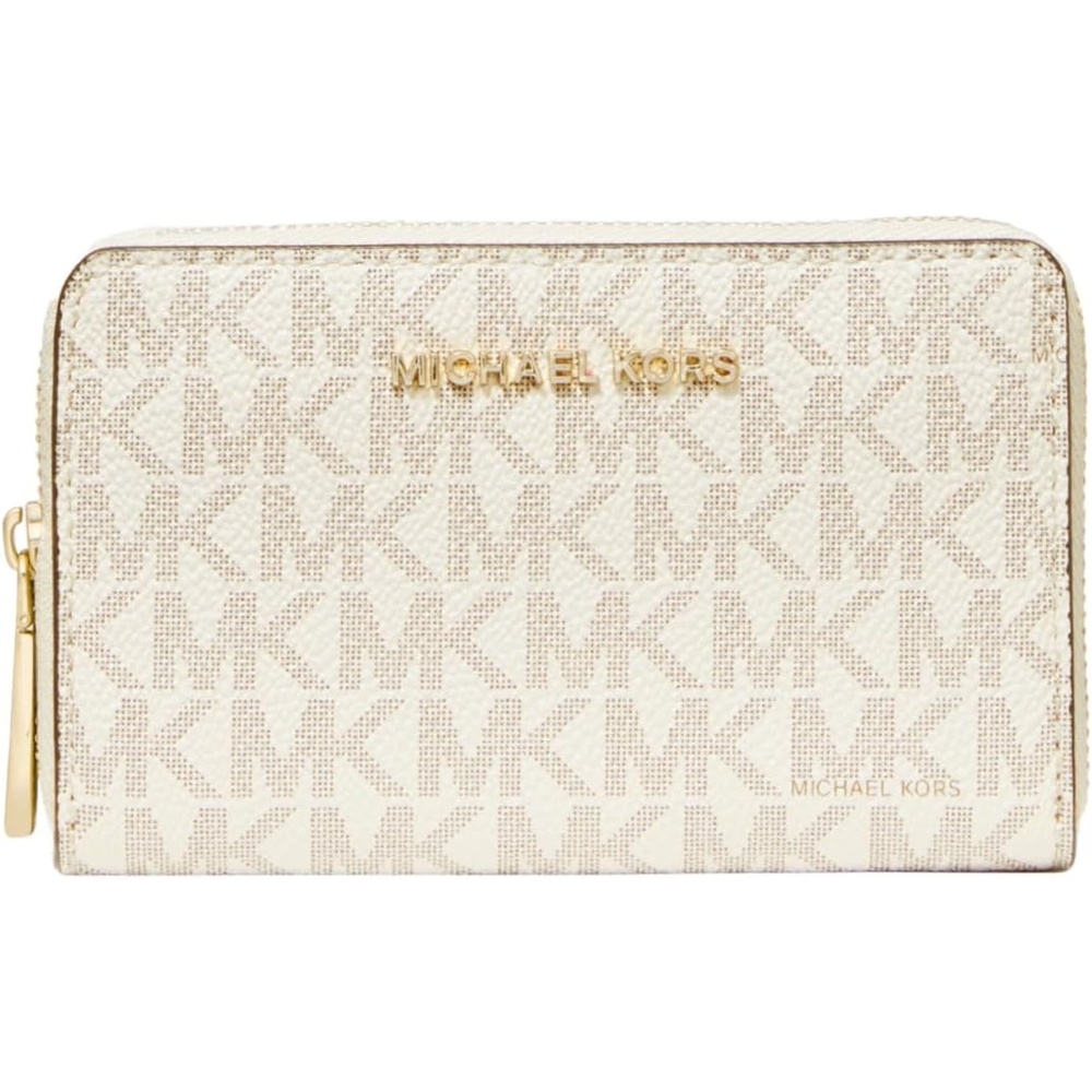image:imageMichael Kors Jet Set Small Zip Around Card Case SilverTone HardwareSignature Coated TwillOptic WhiteAllumGoldtone HardwareVanillaAcorn