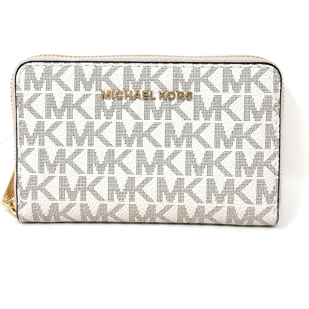 image:imageMichael Kors Jet Set Small Zip Around Card Case SilverTone HardwareSignature Coated TwillOptic WhiteAllumVanillaSoft Pink