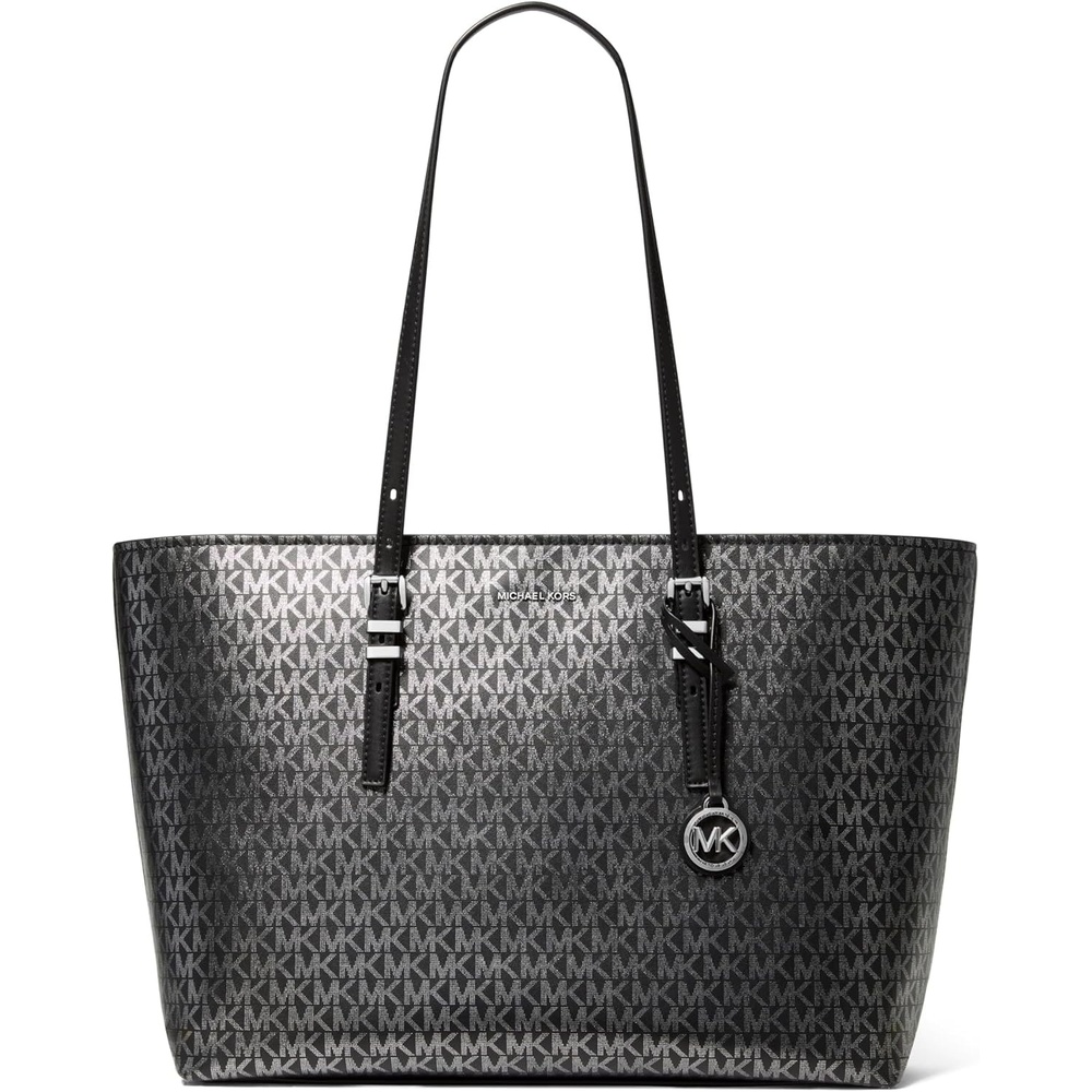 image:imageMichael Kors Quinn Large ToteSilvertone HardwareFoil Printed Mk Signature Smooth Nappa LeatherBlack