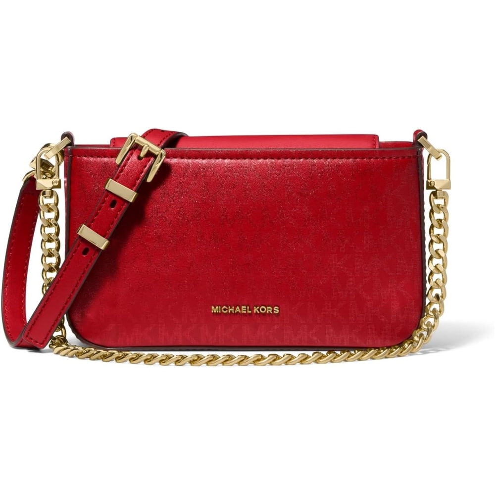 image:imageMichael Kors Womens Bryant Small Convertible Crossbody BagGoldtone HardwareFoil Printed Mk Signature Smooth Nappa LeatherCrimson
