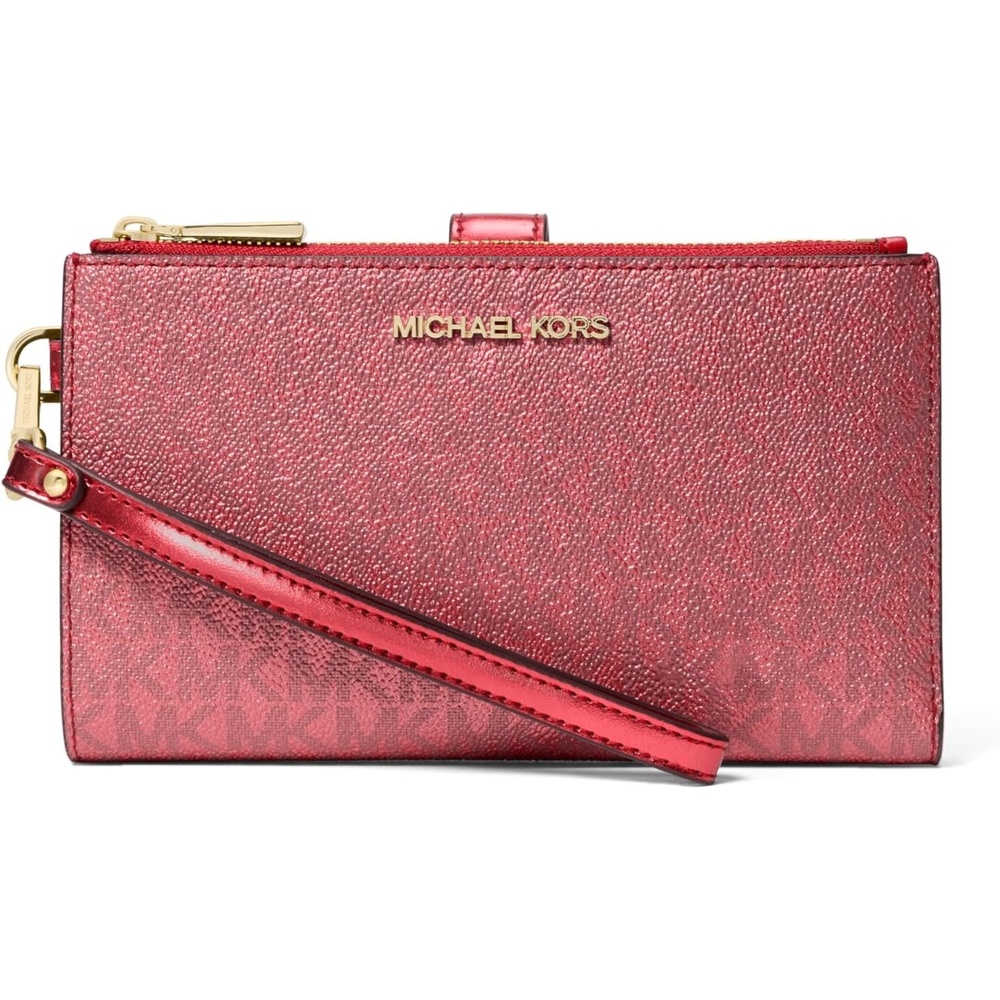 image:imageMichael Kors Womens Jet Set Double Zip WristletGoldtone HardwareMetallic Mk SignatureCrimson