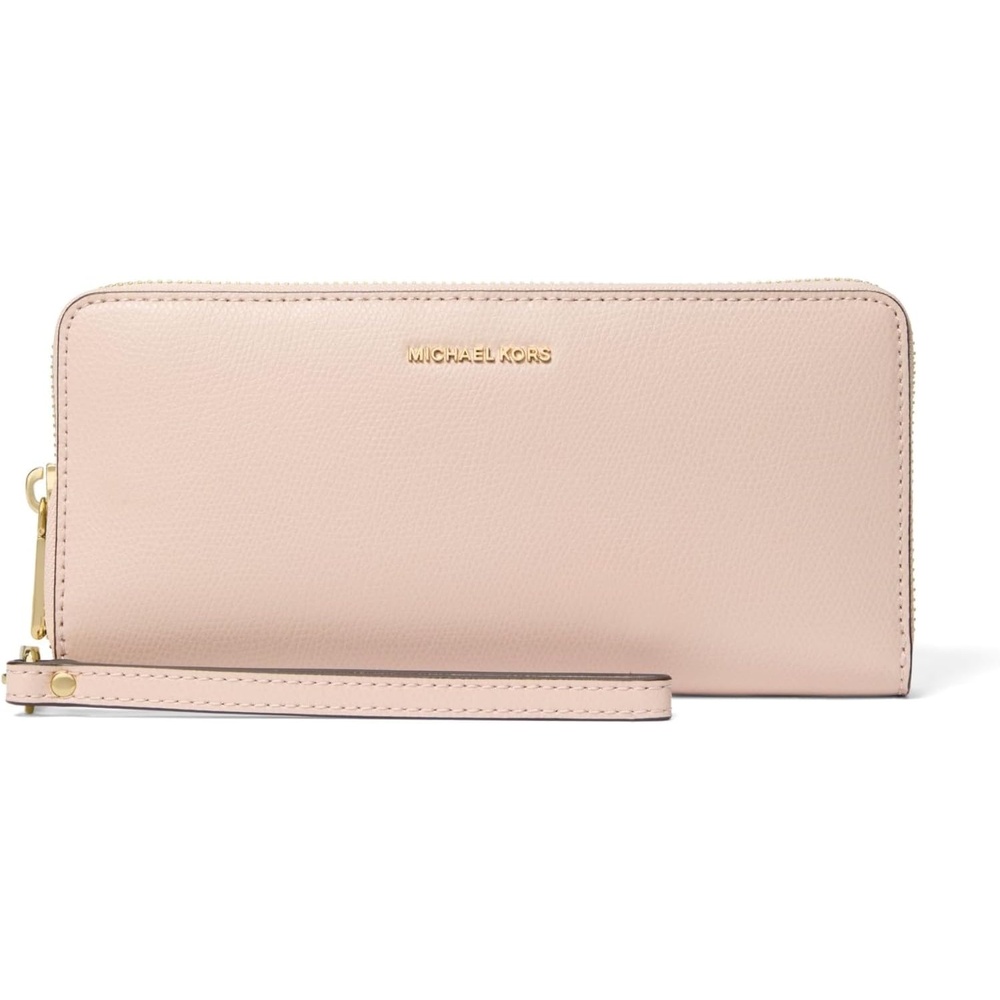 image:imageMichael Kors Womens Jet Set Travel Continental GoldTone HardwareMK Signature Semi Lux Black ChambrayGoldtone HardwarePebble LeatherSoft Pink