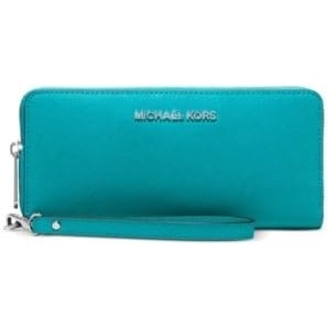 Michael Kors Women’s Jet Set Travel Continental, Gold-Tone Hardware/MK Signature Semi Lux Black, Chambray(Tile Blue)