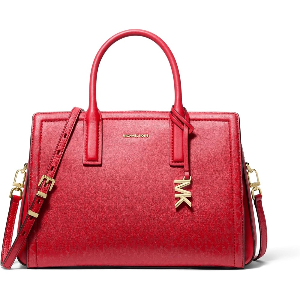 image:imageMichael Kors Womens Laila Medium SatchelGoldtone HardwareFoil Printed Mk Signature Smooth Nappa LeatherCrimson