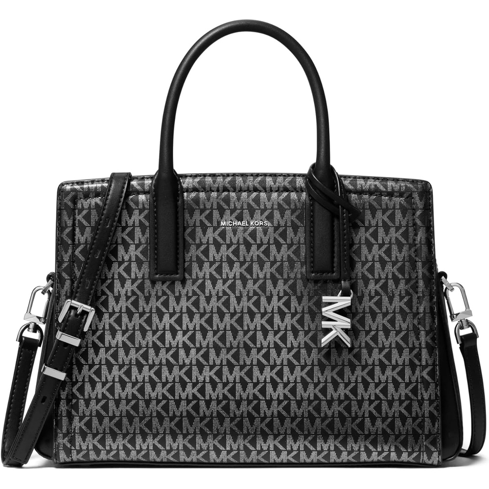 image:imageMichael Kors Womens Laila Medium SatchelSilvertone HardwareFoil Printed Mk Signature Smooth Nappa LeatherBlack