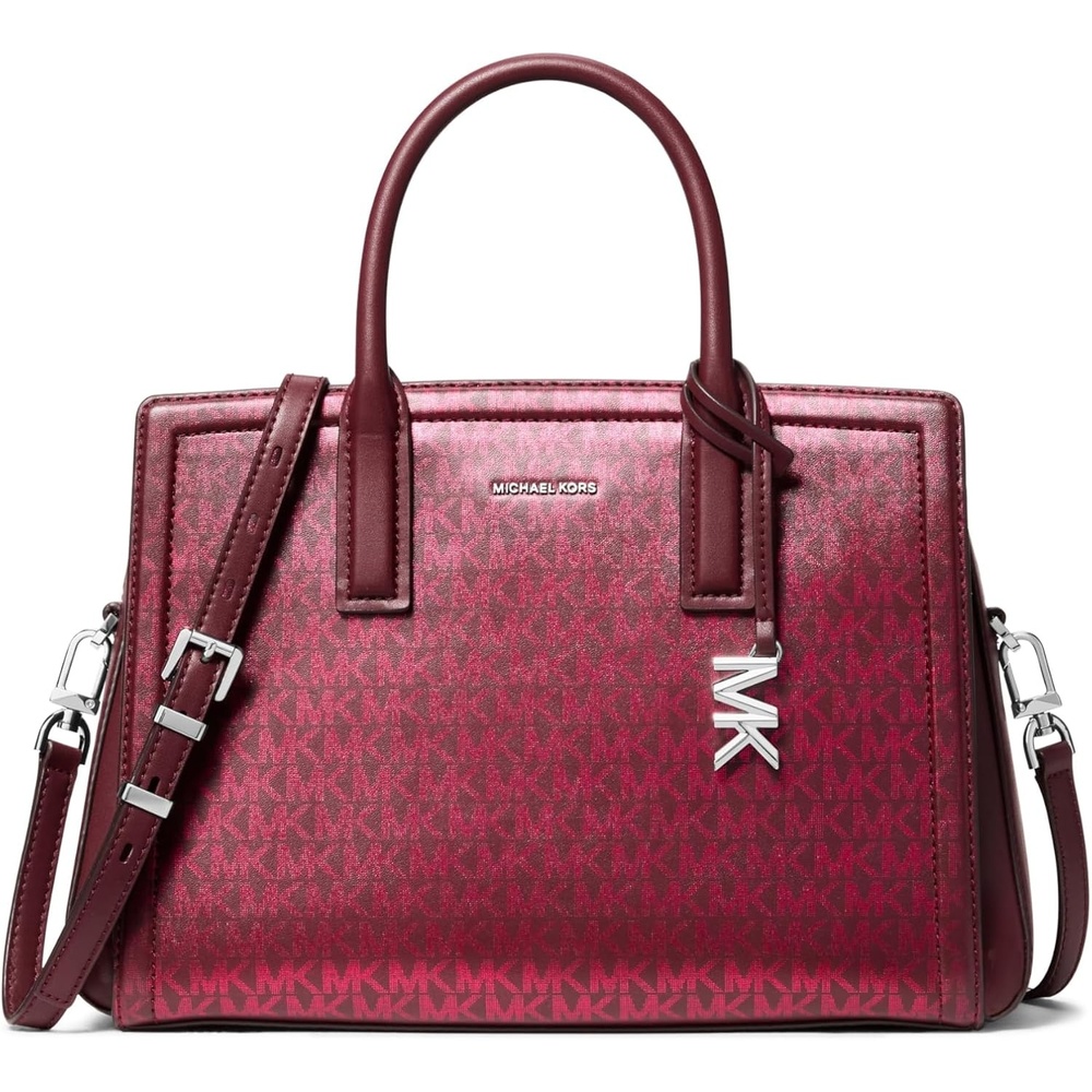 image:imageMichael Kors Womens Laila Medium SatchelSilvertone HardwareFoil Printed Mk Signature Smooth Nappa LeatherOxblood