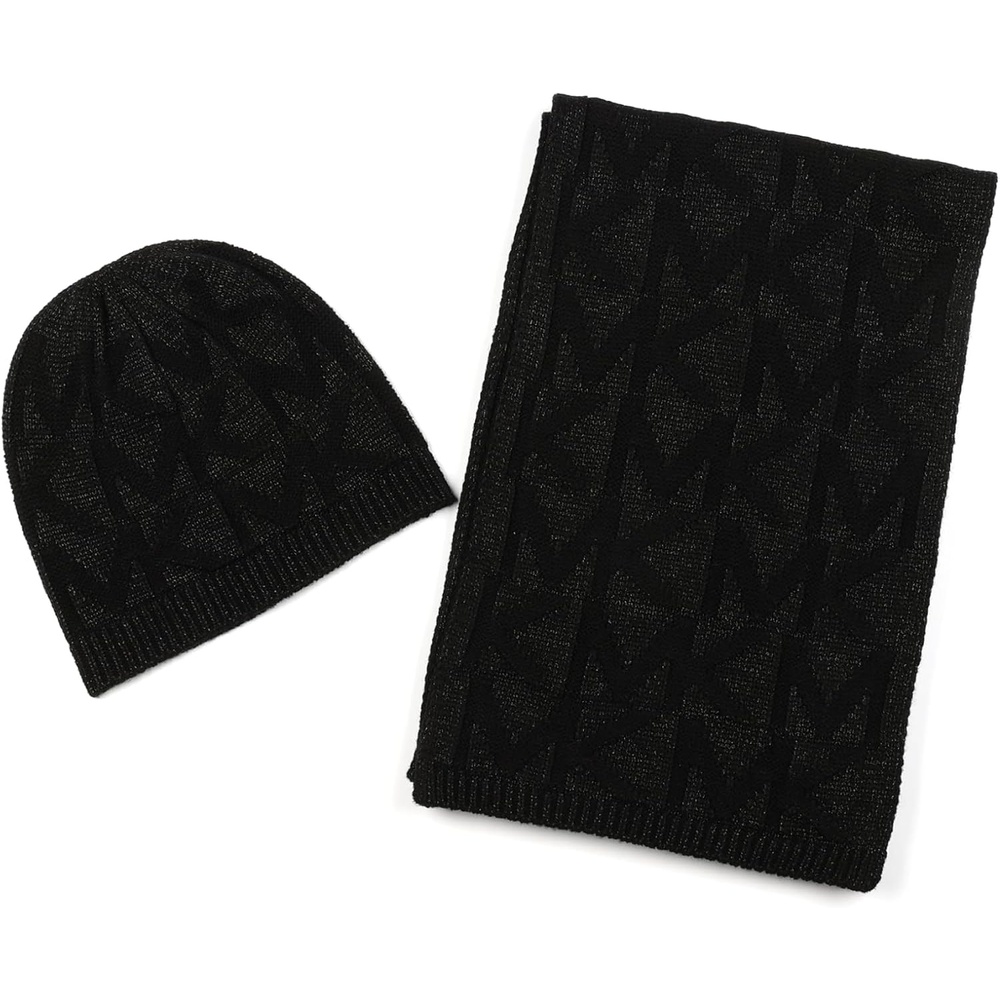 image:imageMichael Kors Womens Metallic Beanie amp Scarf Set Stylish amp Warm Fashion Accessories for Cold WeatherBlack