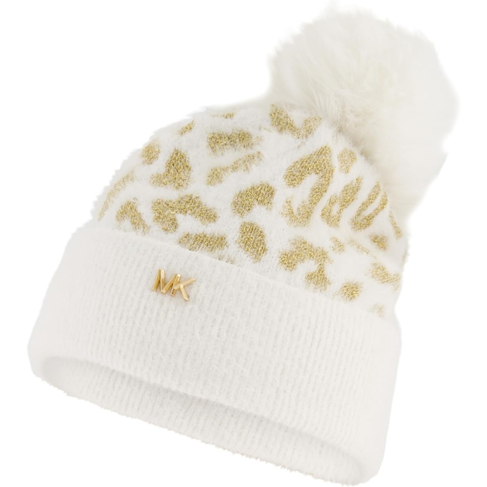 image:imageMichael Kors Womens Metallic Feather Leopard Cuff HatCream Gold