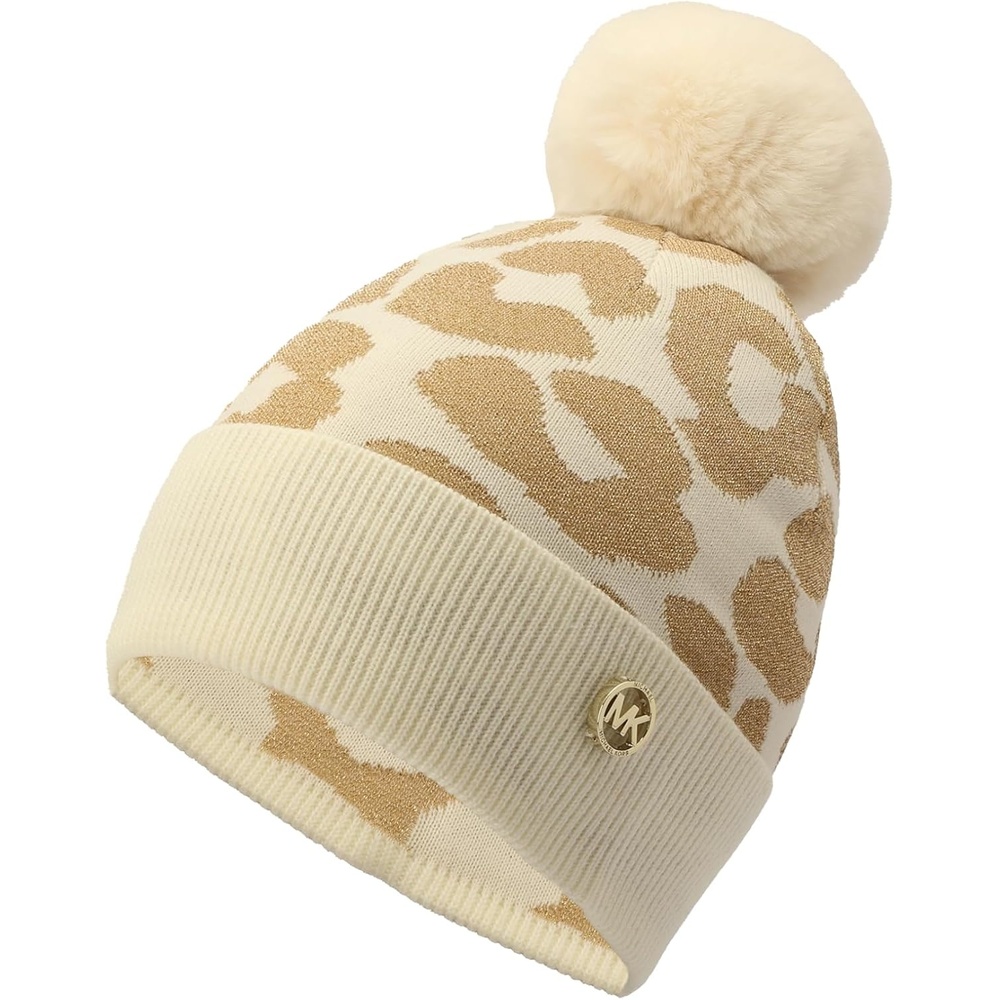 image:imageMichael Kors Womens Metallic Leopard Cuff Hat Stylish Beanie amp Fashion Accessory CapCream Gold Metalli