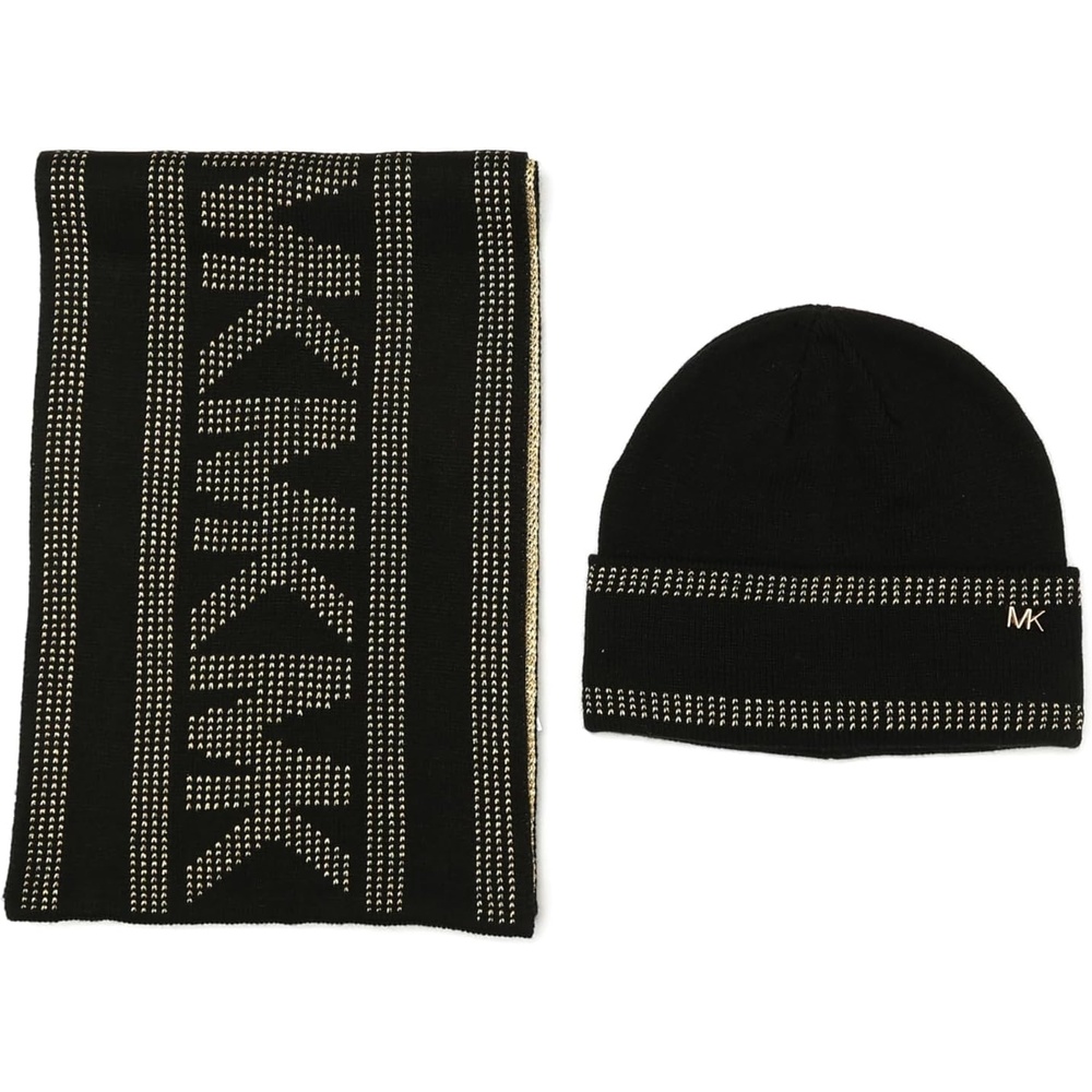 image:imageMichael Kors Womens Metallic Stripe Box Set  Hat amp ScarfBlackGold
