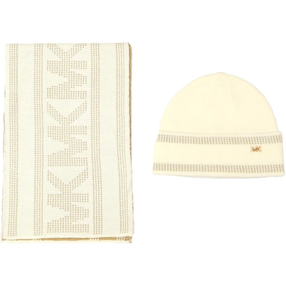 image:imageMichael Kors Womens Metallic Stripe Box Set  Hat amp ScarfCream Gold