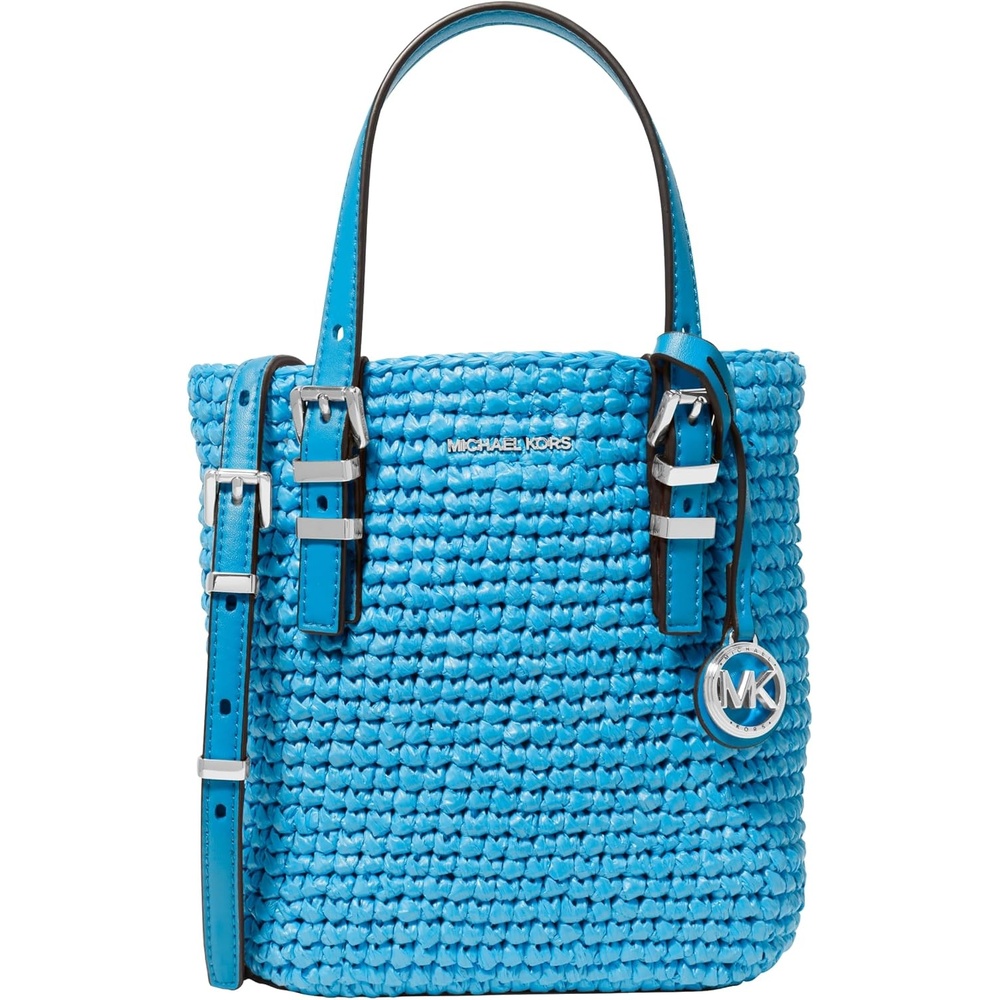 image:imageMichael Kors Womens Quinn Extra Small Tote Crossbody BagSilvertone HardwareStrawMilos Blue