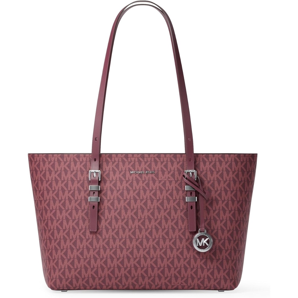 image:imageMichael Kors Womens Quinn Medium TopZip ToteSilvertone HardwareTonal Mk Signature Coated TwillOxblood