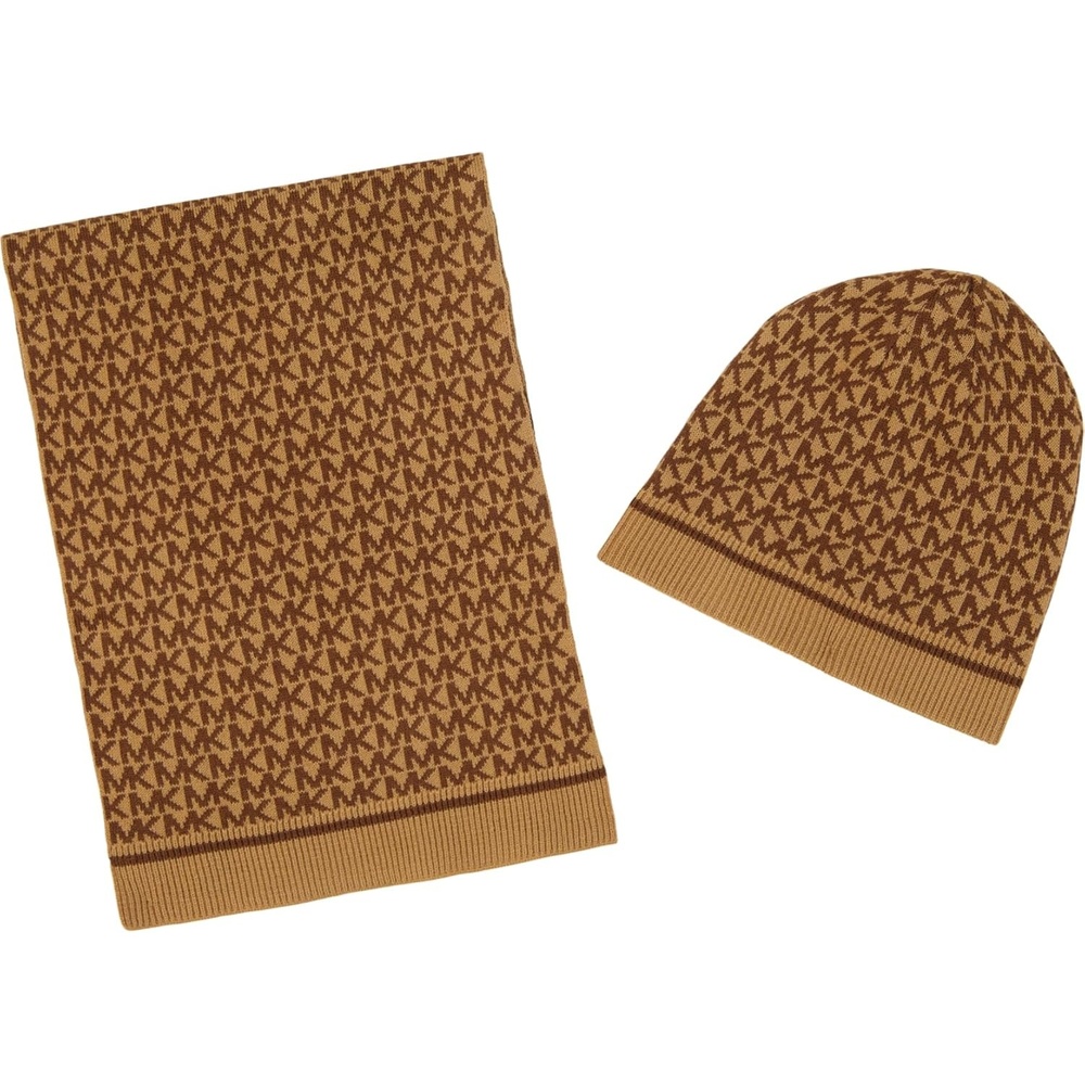 image:imageMichael Kors Womens Smallest Mk Beanie Scarf Box SetDark Camel  Dark Caramel