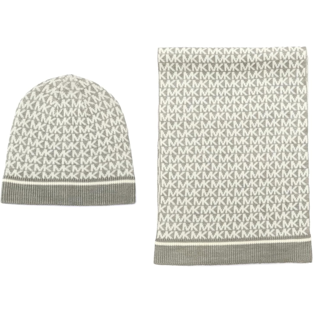 image:imageMichael Kors Womens Smallest Mk Beanie Scarf Box SetPearl Heather Grey  Cream