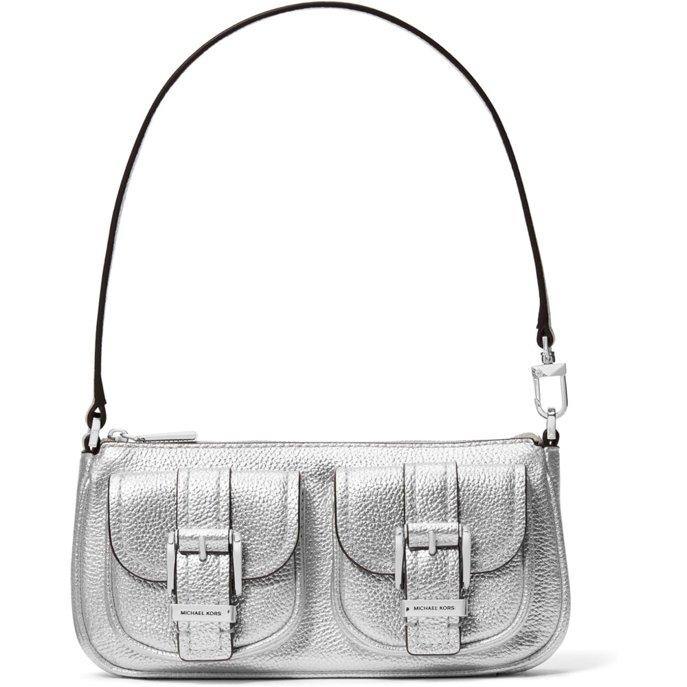 image:imageMichael Kors Zoe Small Convertible PouchetteSilvertone HardwareMetallic Pebble Embossed LeatherSilver