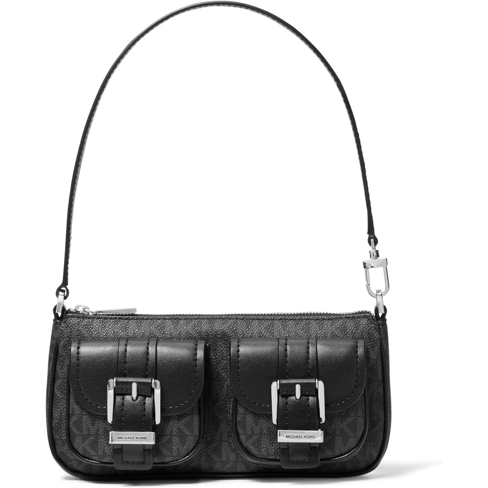 image:imageMichael Kors Zoe Small Convertible PouchetteSilvertone HardwareTonal Mk Signature Coated TwillBlack