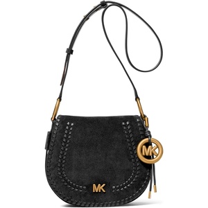 MICHAEL Michael Kors Josie Medium Saddle Flap Messenger(Gold-tone Hardware/Suede Leather/Black)