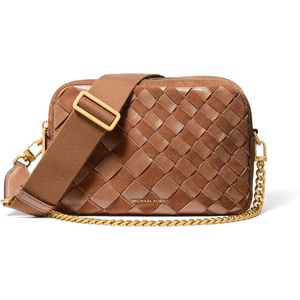 Michael Kors Bryant Medium Double Zip Chain Camera Crossbody Bag(Gold-tone Hardware/Radiant Suede Leather/Luggage)
