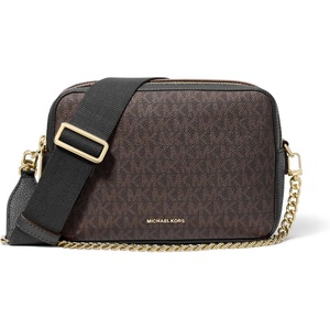 Michael Kors Bryant Medium Double Zip Chain Camera Crossbody Bag(Mk Signature/Brown/Black)