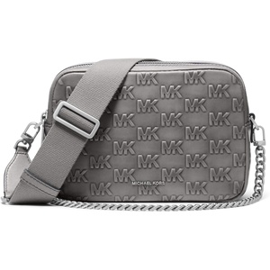 Michael Kors Bryant Medium Double Zip Chain Camera Crossbody Bag(Nickel-tone Hardware/Mk Debossed Burnished Logo Leather/Storm)