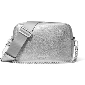 Michael Kors Bryant Medium Double Zip Chain Camera Crossbody Bag(Silver-tone Hardware/Metallic Pebble Embossed Leather/Silver)