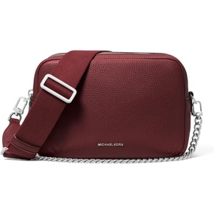 Michael Kors Bryant Medium Double Zip Chain Camera Crossbody Bag(Silver-tone Hardware/Pebble Leather/Oxblood)