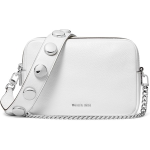 Michael Kors Bryant Medium Double Zip Chain Camera Crossbody Bag(Silver-tone Hardware/Pebbled Leather W/Dome Studded Strap/Optic White)