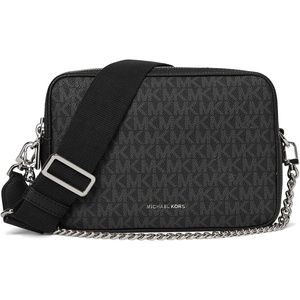 Michael Kors Bryant Medium Double Zip Chain Camera Crossbody Bag(Silver-tone Hardware/Tonal Signature Coated Twill/Black)