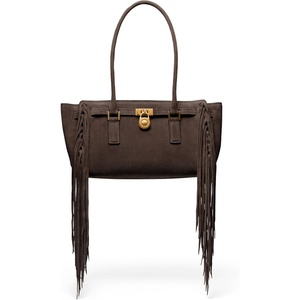 Michael Kors Hamilton Moderne Small Shoulder Tote(Antique Gold-tone Hardware/Fringe Suede/Chocolate)