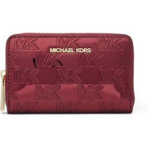 Michael Kors Jet Set Small Zip Around Card Case, Silver-Tone Hardware/Signature Coated Twill/Optic White/Allum(Deep Red)
