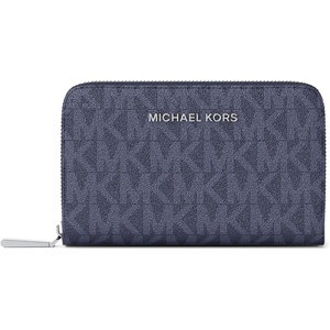 Michael Kors Jet Set Small Zip Around Card Case, Silver-Tone Hardware/Signature Coated Twill/Optic White/Allum(Dress Blues)