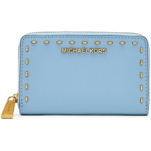 Michael Kors Jet Set Small Zip Around Card Case, Silver-Tone Hardware/Signature Coated Twill/Optic White/Allum(Gold-Tone Hardware/Leather/Chambray)