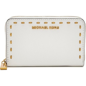 Michael Kors Jet Set Small Zip Around Card Case, Silver-Tone Hardware/Signature Coated Twill/Optic White/Allum(Gold-Tone Hardware/Leather/Optic White)