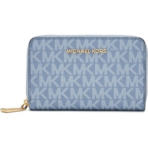 Michael Kors Jet Set Small Zip Around Card Case, Silver-Tone Hardware/Signature Coated Twill/Optic White/Allum(Gold-Tone Hardware/MK Signature/Chambray)