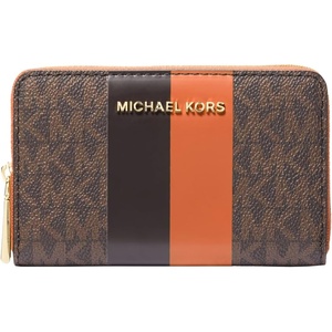 Michael Kors Jet Set Small Zip Around Card Case, Silver-Tone Hardware/Signature Coated Twill/Optic White/Allum(Gold-Tone Hardware/Signature with Center Stripe/Orange Punch)