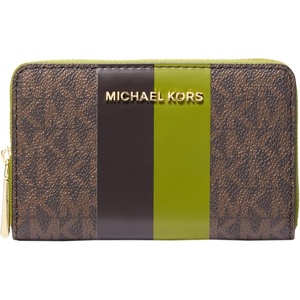 Michael Kors Jet Set Small Zip Around Card Case, Silver-Tone Hardware/Signature Coated Twill/Optic White/Allum(Gold-tone Hardware/Signature With Center Stripe/Meadow Green)