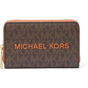 Michael Kors Jet Set Small Zip Around Card Case, Silver-Tone Hardware/Signature Coated Twill/Optic White/Allum(Orange Punch 1)
