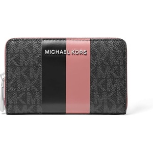Michael Kors Jet Set Small Zip Around Card Case, Silver-Tone Hardware/Signature Coated Twill/Optic White/Allum(Rose)