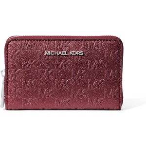 Michael Kors Jet Set Small Zip Around Card Case, Silver-Tone Hardware/Signature Coated Twill/Optic White/Allum(Silver-tone Hardware/Mk Embossed Glitter/Oxblood)