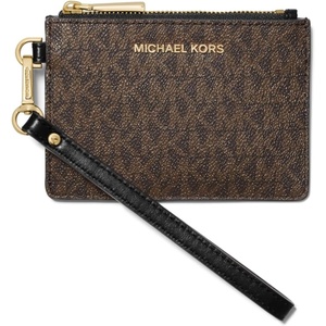 Michael Kors Mercer Small Coin Purse Luggage One Size(Gold-tone Hardware/Mk Signature Coated Twill/Brown/Black)