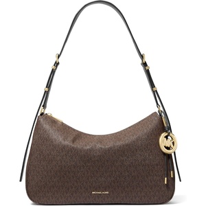 Michael Kors Nolita Medium Top Zip Convertible Shoulder Bag(Gold-tone Hardware/Mk Signature Coated Twill/Brown/Black)