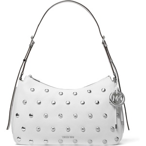 Michael Kors Nolita Medium Top Zip Convertible Shoulder Bag(Silver-tone Hardware/Matte Pebbled Leather W/ Dome Studs/Optic White)