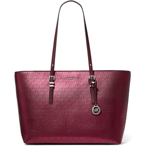 Michael Kors Quinn Large Tote(Silver-tone Hardware/Foil Printed Mk Signature Smooth Nappa Leather/Oxblood)