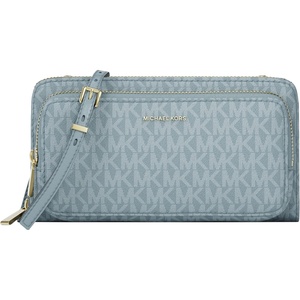 Michael Kors Women’s Jet Set Continental Crossbody Wallet(Gold-tone Hardware/Mk Signature/Chambray)